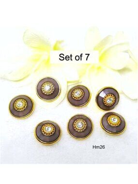 Set of 7 Round Button Grey Gold Clear Faceted Resin Metal-like Gold Base Shank